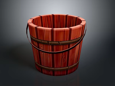 Red Wooden Bucket with Black Metal Handles and Natural Wood Texture 3d model