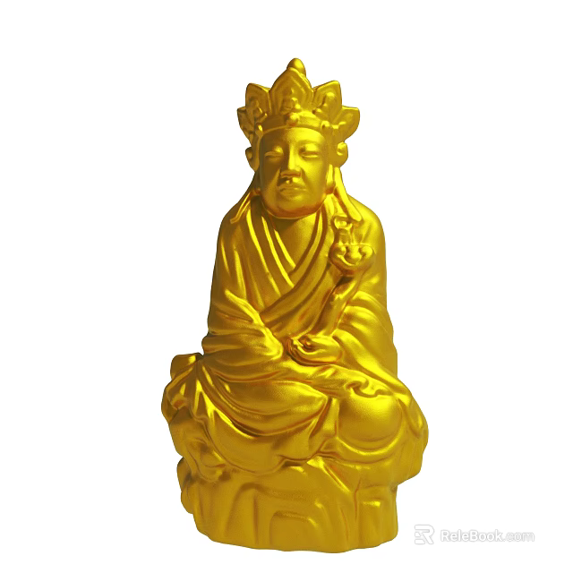 Golden Seated Buddha Statue With Lotus Crown Robe Details And Holding Object 3d model 