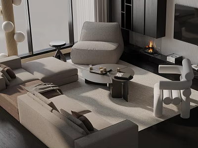Modern Sofa and Coffee Table Set with Beige Upholstery Round Table and Accent Chair 3d model