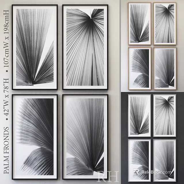 Black and White Leaf Print Frames With Various Sizes For Wall Display Arrangement 3d model 