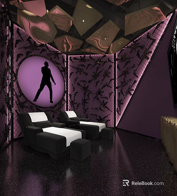 Modern SPA Sauna Room With Massage Chairs Purple Lighting And Silhouette Decor 3d model 