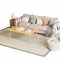 Modern Beige Sofa and Coffee Table Set with Cushions in Cozy Living Room Design