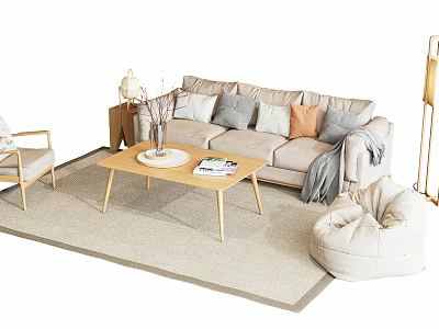Modern Beige Sofa and Coffee Table Set with Cushions in Cozy Living Room Design 3d model