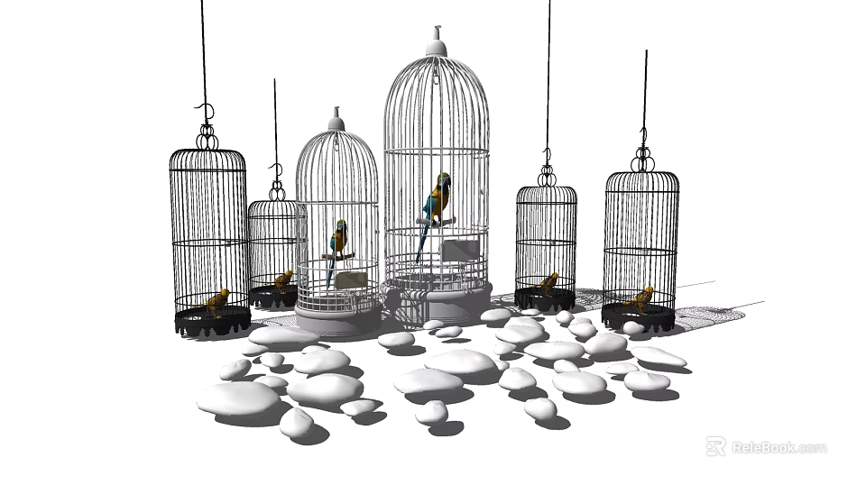 Decorative Ornament Set with Multiple Hanging Birdcages Scattered Stones and Birds 3d model 
