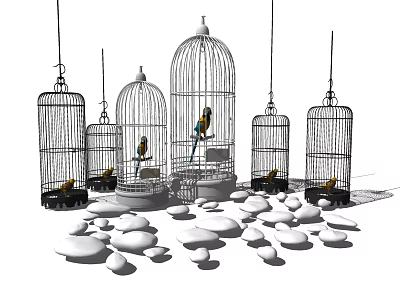 Decorative Ornament Set with Multiple Hanging Birdcages Scattered Stones and Birds 3d model