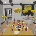 Colorful Birthday Party Setup With Yellow Balloons Cake Hats And Caution Sign