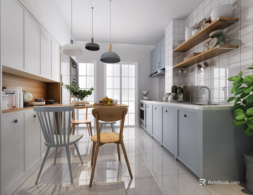 Bright Restaurant Kitchen Interior With White Blue Cabinets Wooden Chairs Hanging Lights And Plants 3d model 
