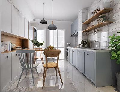 Bright Restaurant Kitchen Interior With White Blue Cabinets Wooden Chairs Hanging Lights And Plants 3d model