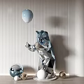 Geometric Bear Sculpture With Metallic Silver Finish And Balloon Decoration Against Textured Wall Background