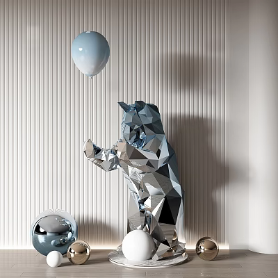 Geometric Bear Sculpture With Metallic Silver Finish And Balloon Decoration Against Textured Wall Background 3d model
