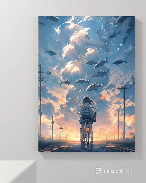 Landscape Painting Depicting Girl Biking With Backpack Flying Fish Sunset Sky Telephone Poles Road Stretching 3d model 