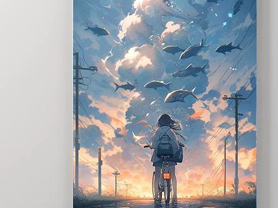 Landscape Painting Depicting Girl Biking With Backpack Flying Fish Sunset Sky Telephone Poles Road Stretching 3d model