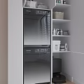 Organized Home Balcony With Stacked Washing Machine Dryer White Shelves Laundry Supplies And White Blinds