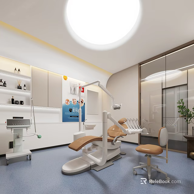 Dental Clinic Interior Featuring Dental Chair Medical Equipment White Cabinets Round Ceiling Light Side Chair 3d model 