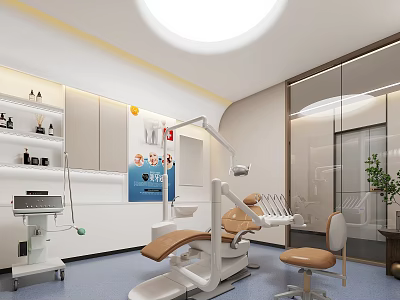 Dental Clinic Interior Featuring Dental Chair Medical Equipment White Cabinets Round Ceiling Light Side Chair 3d model