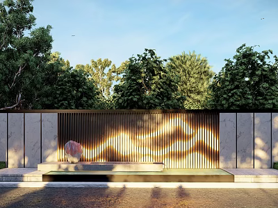 Modern Scenic Wall Design With Wooden Slats Stone Panels Green Trees And Sunlight Patterns 3d model