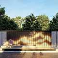 Modern Scenic Wall Design With Wooden Slats Stone Panels Green Trees And Sunlight Patterns