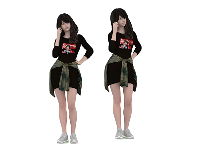 Two Women Wearing Black Tops With Red Pattern Black Skirts Plaid Belts And Gray Sneakers 3d model