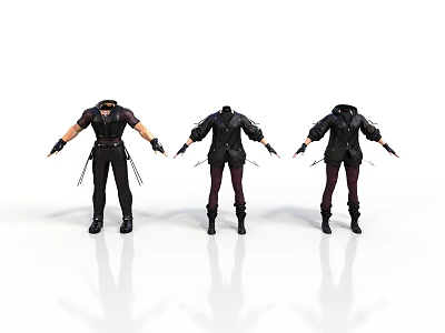 Men's Black Leather Outfit Displayed In Three Different Angles With Boots And Gloves 3d model