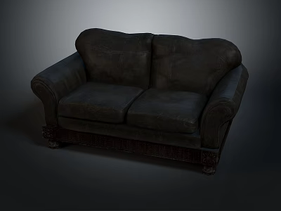 Dark Leather Two Seater Sofa With Vintage Armrests And Wooden Base 3d model