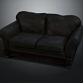 Dark Leather Two Seater Sofa With Vintage Armrests And Wooden Base