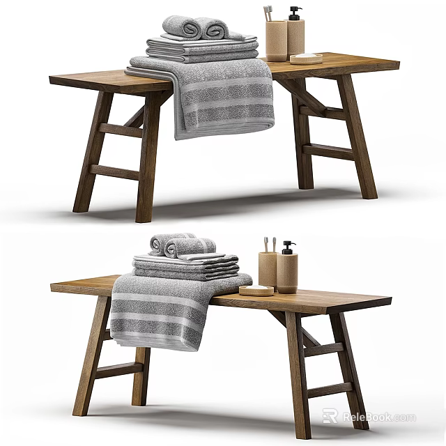 Daily Washing Essentials on Wooden Bench with Stacked Gray Towels and Skincare Bottles 3d model 