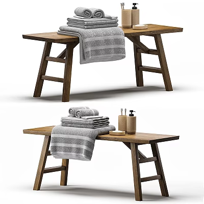 Daily Washing Essentials on Wooden Bench with Stacked Gray Towels and Skincare Bottles 3d model