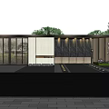 Modern Residential Landscape With Entrance Gate Buildings Green Plants And People Walking