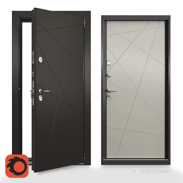 Modern Hinged Doors With Black And Light Gray Geometric Patterns And Glass Panel 3d model 