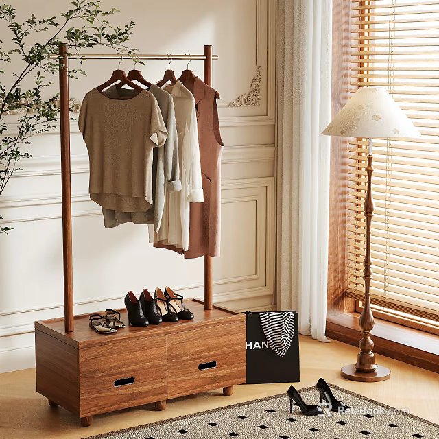 Wooden Hanger Rack With Hanging Clothes Shoes And Drawer Cabinet In Bedroom Interior 3d model 