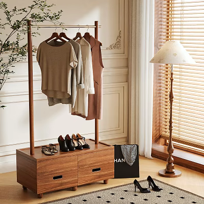 Wooden Hanger Rack With Hanging Clothes Shoes And Drawer Cabinet In Bedroom Interior 3d model