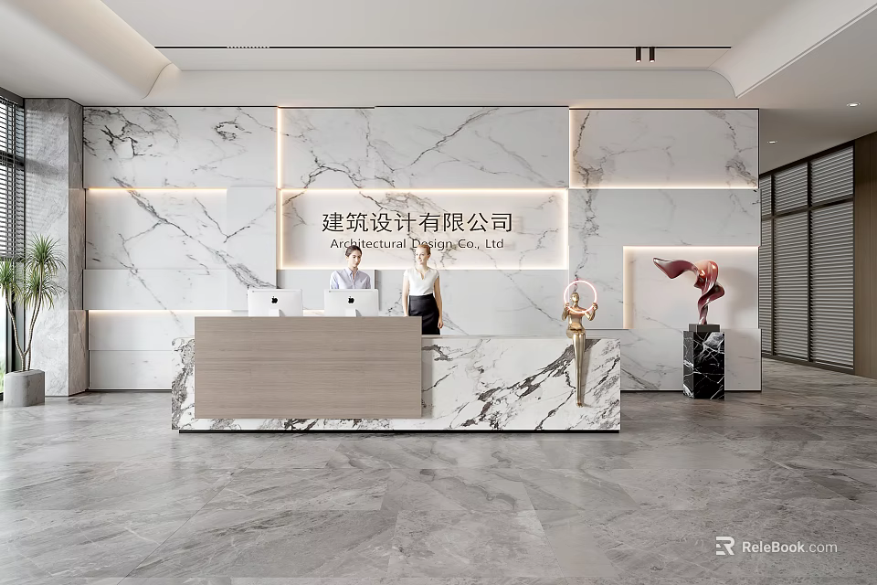 Modern Front Desk Reception With Marble Desk Background Wall Lighting And Staff Sculptures 3d model 