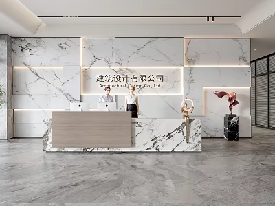 Modern Front Desk Reception With Marble Desk Background Wall Lighting And Staff Sculptures 3d model