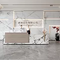 Modern Front Desk Reception With Marble Desk Background Wall Lighting And Staff Sculptures