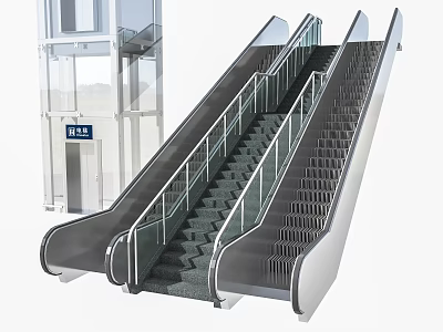 Modern Glass Elevator And Escalator With Stainless Steel Handrails And Safety Steps In Public Area 3d model