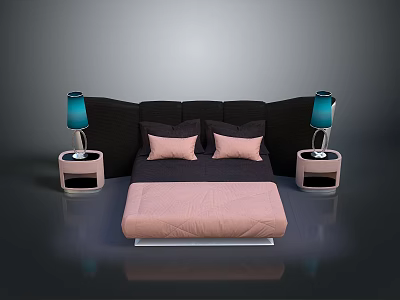 Modern Bedroom Furniture With Pink Mattress Dark Headboard Nightstands And Blue Lampshades 3d model