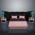 Modern Bedroom Furniture With Pink Mattress Dark Headboard Nightstands And Blue Lampshades