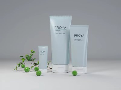 PROYA Skincare Products With Fresh Green Fruits And Leaves On 3d model