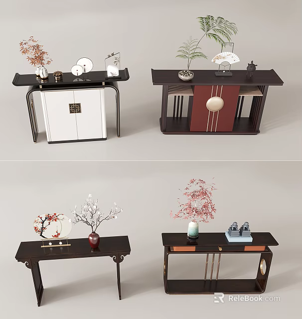 Stylish Console Table Designs With Decorative Plants And Elegant Ornaments 3d model