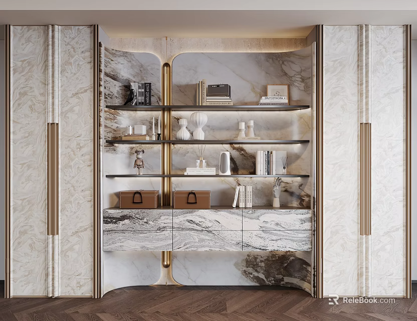 Elegant Modern Bookcase With Marble Finish Gold Accents And Shelves Holding Books Decorative Items 3d model 