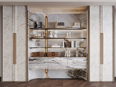 Elegant Modern Bookcase With Marble Finish Gold Accents And Shelves Holding Books Decorative Items 3d model