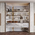 Elegant Modern Bookcase With Marble Finish Gold Accents And Shelves Holding Books Decorative Items