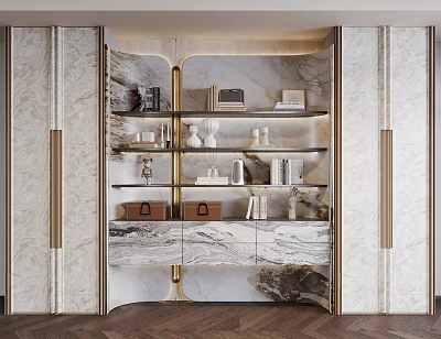 Elegant Modern Bookcase With Marble Finish Gold Accents And Shelves Holding Books Decorative Items 3d model