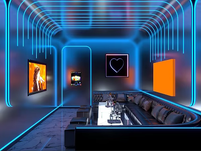 Modern KTV Room Interior With Neon Lights Sofa Table Heart Shaped Neon Sign Decorative Paintings 3d model