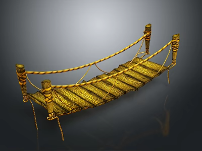 Golden Rope Bridge Structure With Wooden Planks Rope Railings And Decorative Pillars 3d model