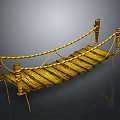 Golden Rope Bridge Structure With Wooden Planks Rope Railings And Decorative Pillars