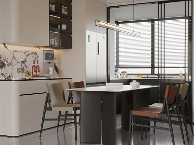 Modern Restaurant Interior With Open Design White Cabinets Dining Table Chairs And Hanging Light 3d model