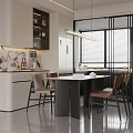 Modern Restaurant Interior With Open Design White Cabinets Dining Table Chairs And Hanging Light