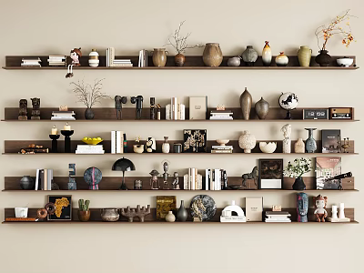 Decorative Ornament Collection On Multi Tiered Wall Shelves With Vases Books Small Sculptures And Plants 3d model