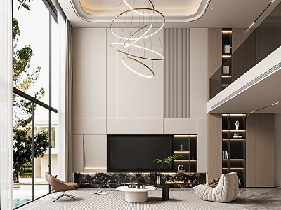 Modern Duplex Living Room Interior With High Ceilings Hanging Lights And TV Wall 3d model